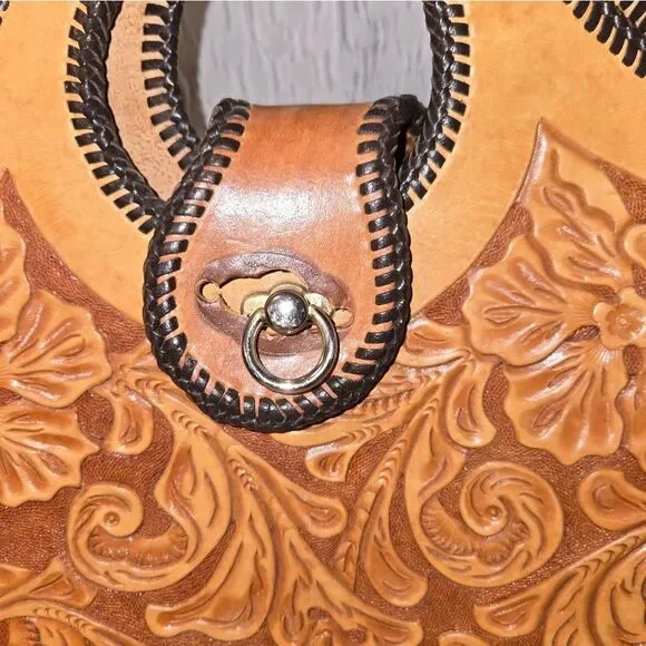 Vintage tooled leather Med. bag 14" - Picture 3 of 16